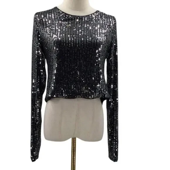 LULU'S SZ L Exquisite Glow Black and Silver Sequin Tie-Back Top Bouse NEW B86 - Picture 3 of 8